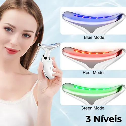Massageador Rejuvenescedor com LED para Rosto e Pescoço + Fita Mágica Para Skincare (Brinde)